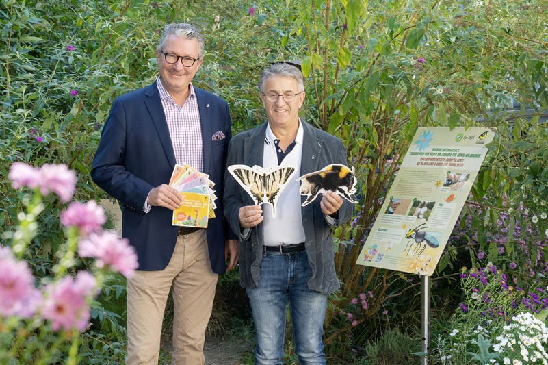 Männer halten Schmetterling und Hummel-Modelle vor Infotafel in einem Garten